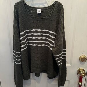 CAbi Dark Green and White Striped Sweater